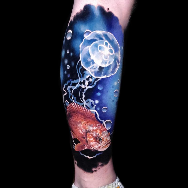 Rockfish and Jellyfish tattoo by Saga Anderson TattooNOW